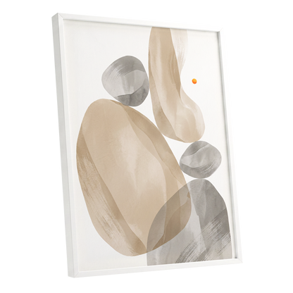 Quiet Forms in Ochre, beige, gray, white abstract wall art shown as a white framed poster wall art print