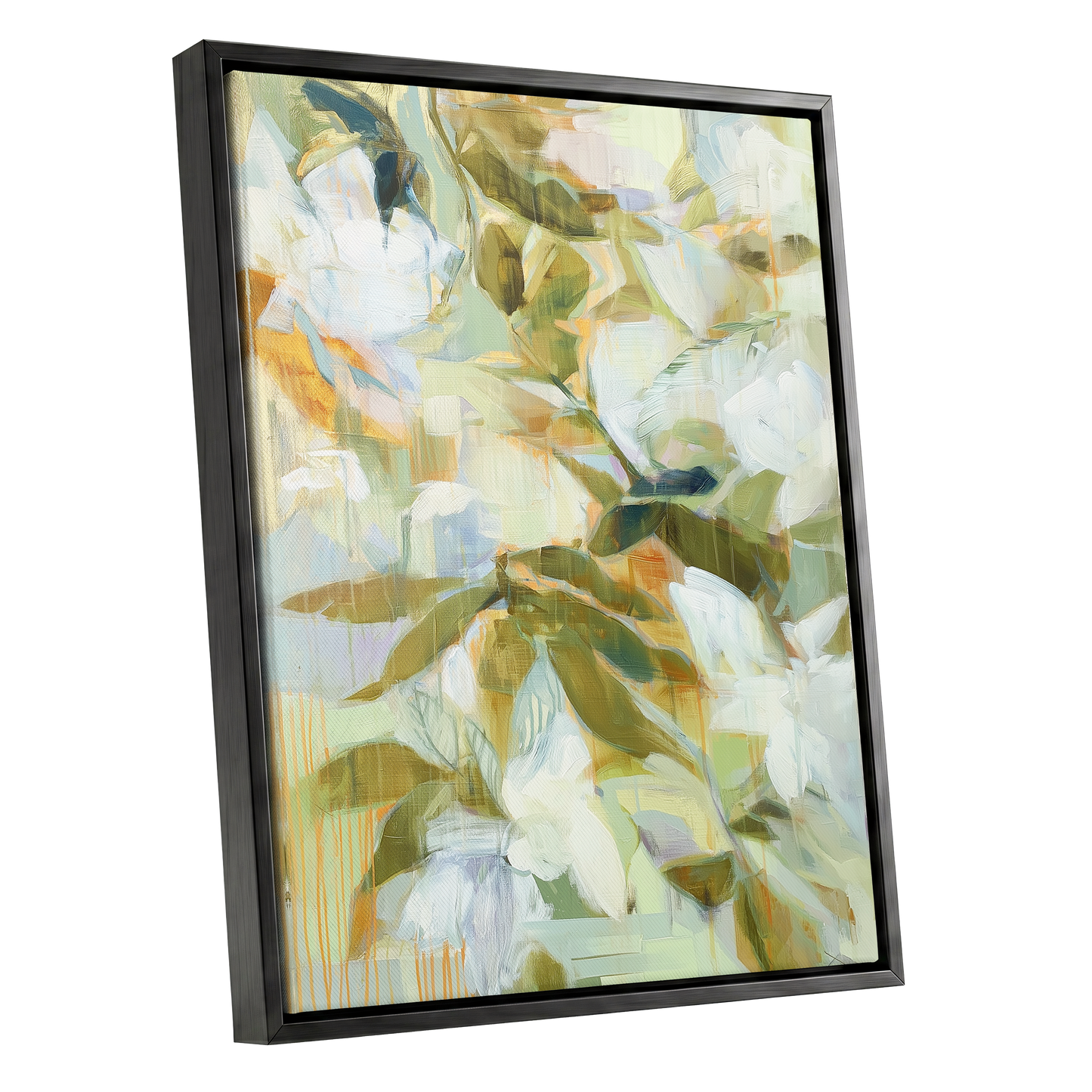 Quiet Garden Reverie, green, white, beige floral wall art shown as a black framed canvas wall art