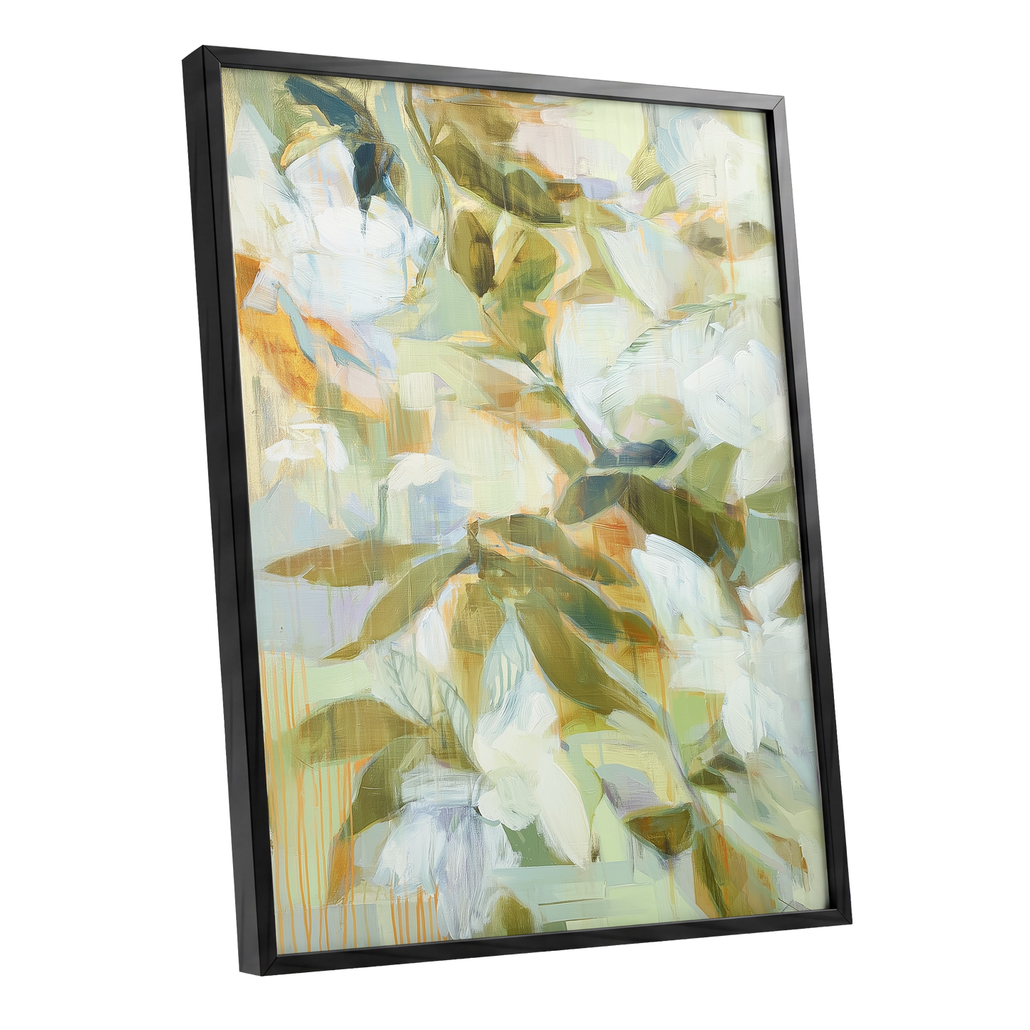 Quiet Garden Reverie, green, white, beige floral wall art shown as a black framed poster wall art print