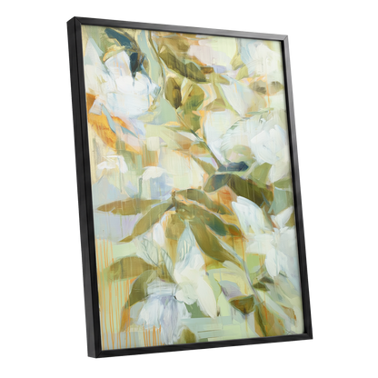 Quiet Garden Reverie, green, white, beige floral wall art shown as a black framed poster wall art print
