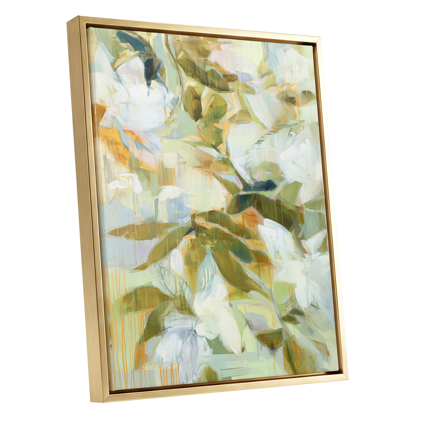 Quiet Garden Reverie, green, white, beige floral wall art shown as a gold framed canvas wall art
