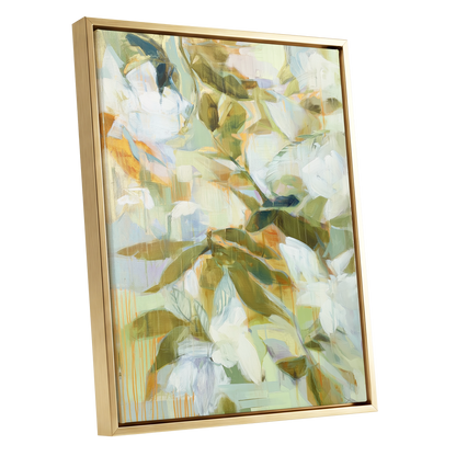 Quiet Garden Reverie, green, white, beige floral wall art shown as a gold framed canvas wall art