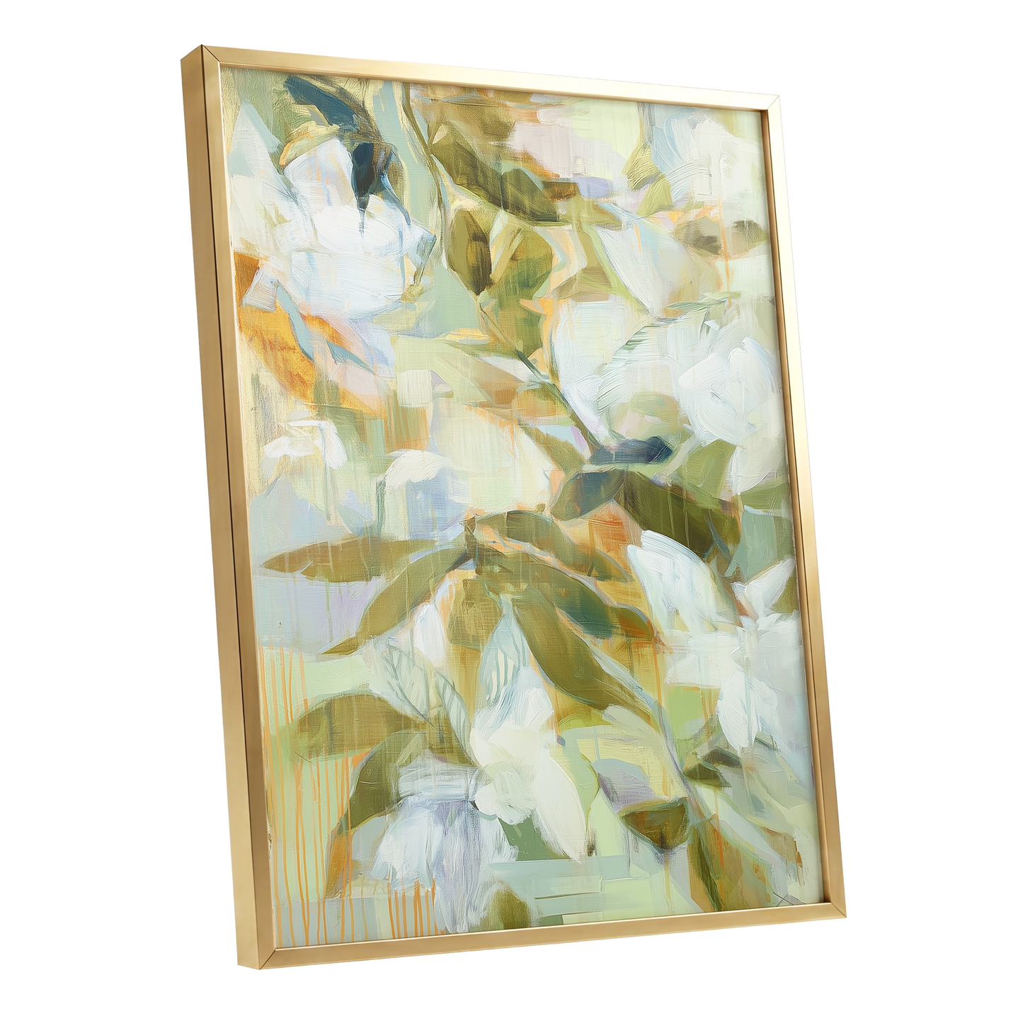 Quiet Garden Reverie, green, white, beige floral wall art shown as a gold framed poster wall art print