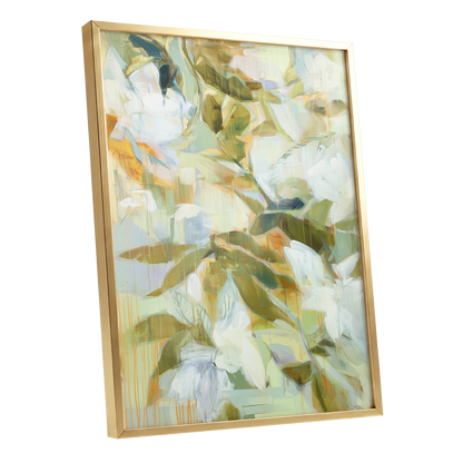Quiet Garden Reverie, green, white, beige floral wall art shown as a gold framed poster wall art print