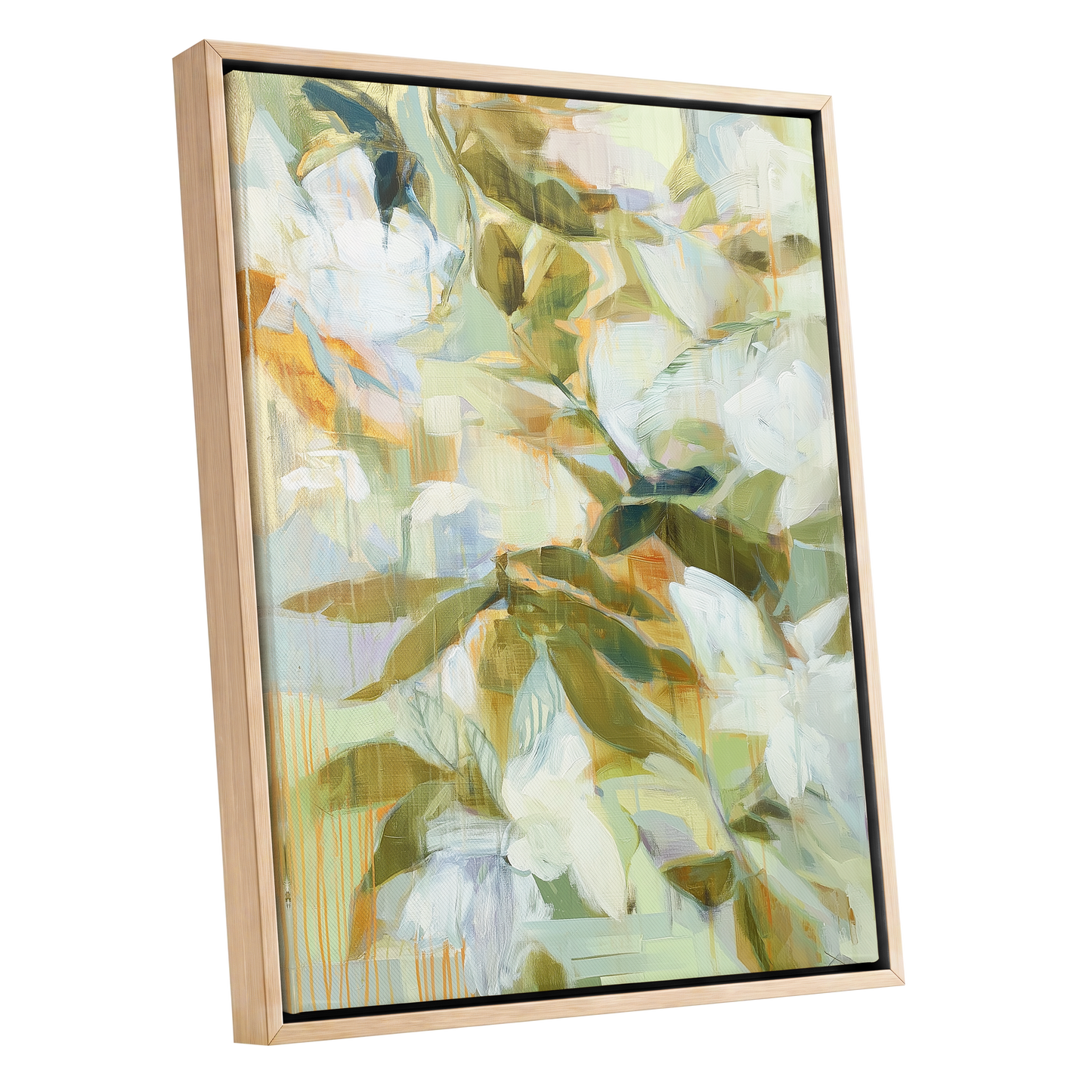 Quiet Garden Reverie, green, white, beige floral wall art shown as a oak framed canvas wall art