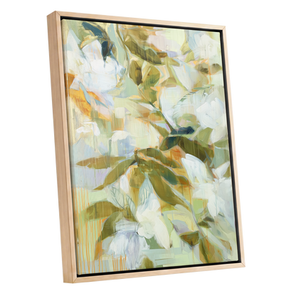 Quiet Garden Reverie, green, white, beige floral wall art shown as a oak framed canvas wall art