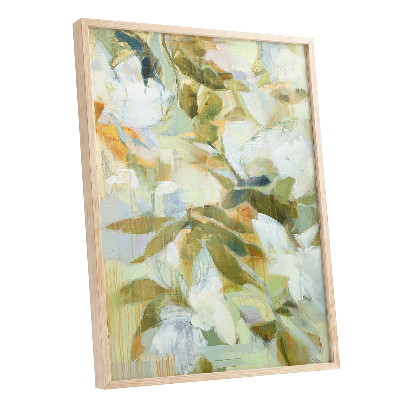 Quiet Garden Reverie, green, white, beige floral wall art shown as a oak framed poster wall art print