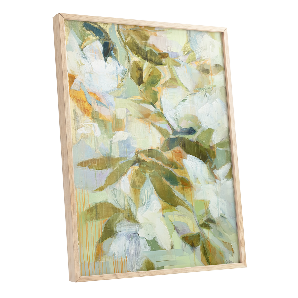 Quiet Garden Reverie, green, white, beige floral wall art shown as a oak framed poster wall art print