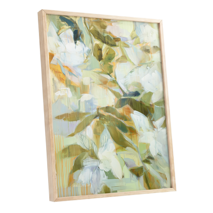 Quiet Garden Reverie, green, white, beige floral wall art shown as a oak framed poster wall art print
