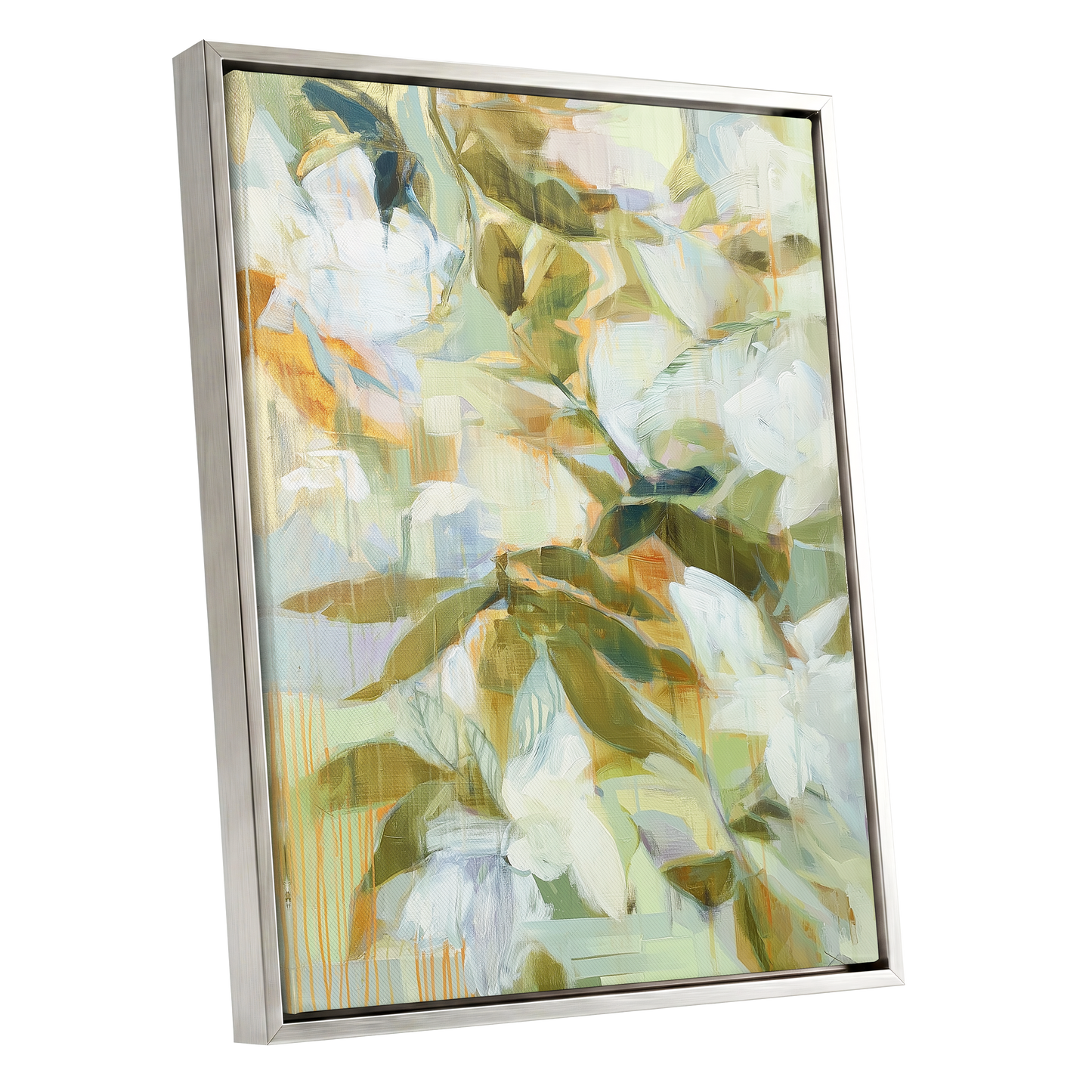 Quiet Garden Reverie, green, white, beige floral wall art shown as a silver framed canvas wall art