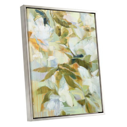 Quiet Garden Reverie, green, white, beige floral wall art shown as a silver framed canvas wall art