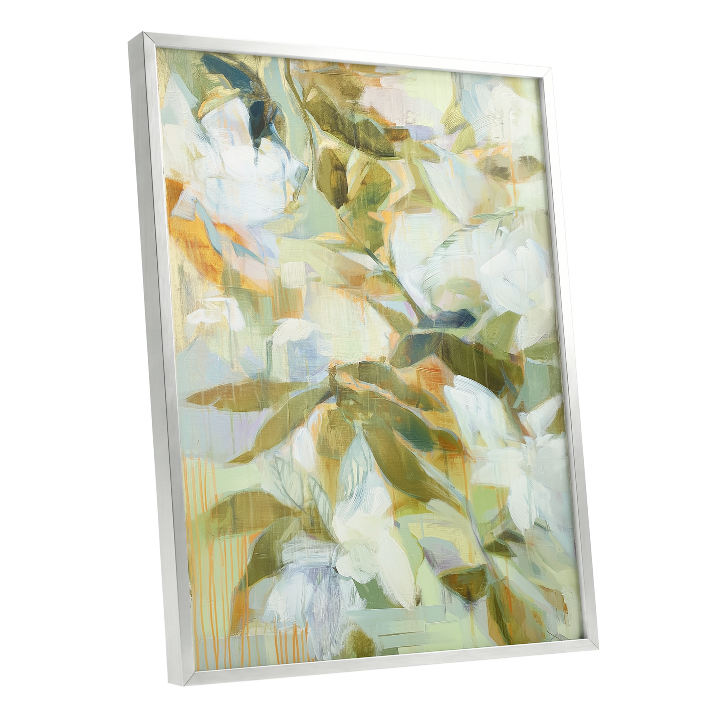 Quiet Garden Reverie, green, white, beige floral wall art shown as a silver framed poster wall art print