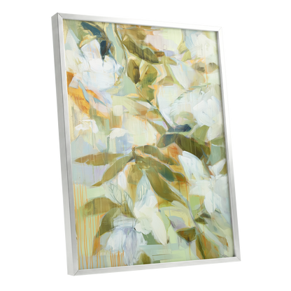 Quiet Garden Reverie, green, white, beige floral wall art shown as a silver framed poster wall art print