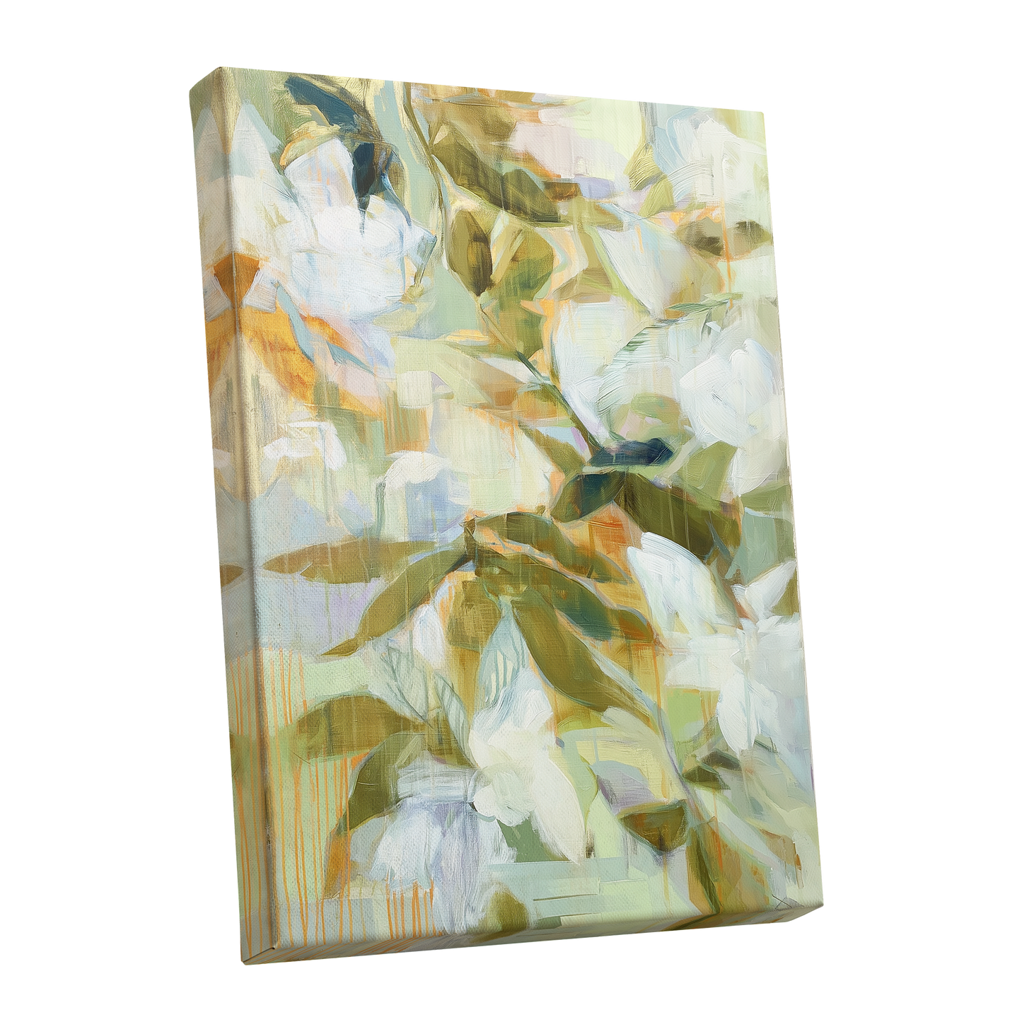 Quiet Garden Reverie, green, white, beige floral wall art shown as a stretched canvas wall art