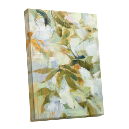 Quiet Garden Reverie, green, white, beige floral wall art shown as a stretched canvas wall art