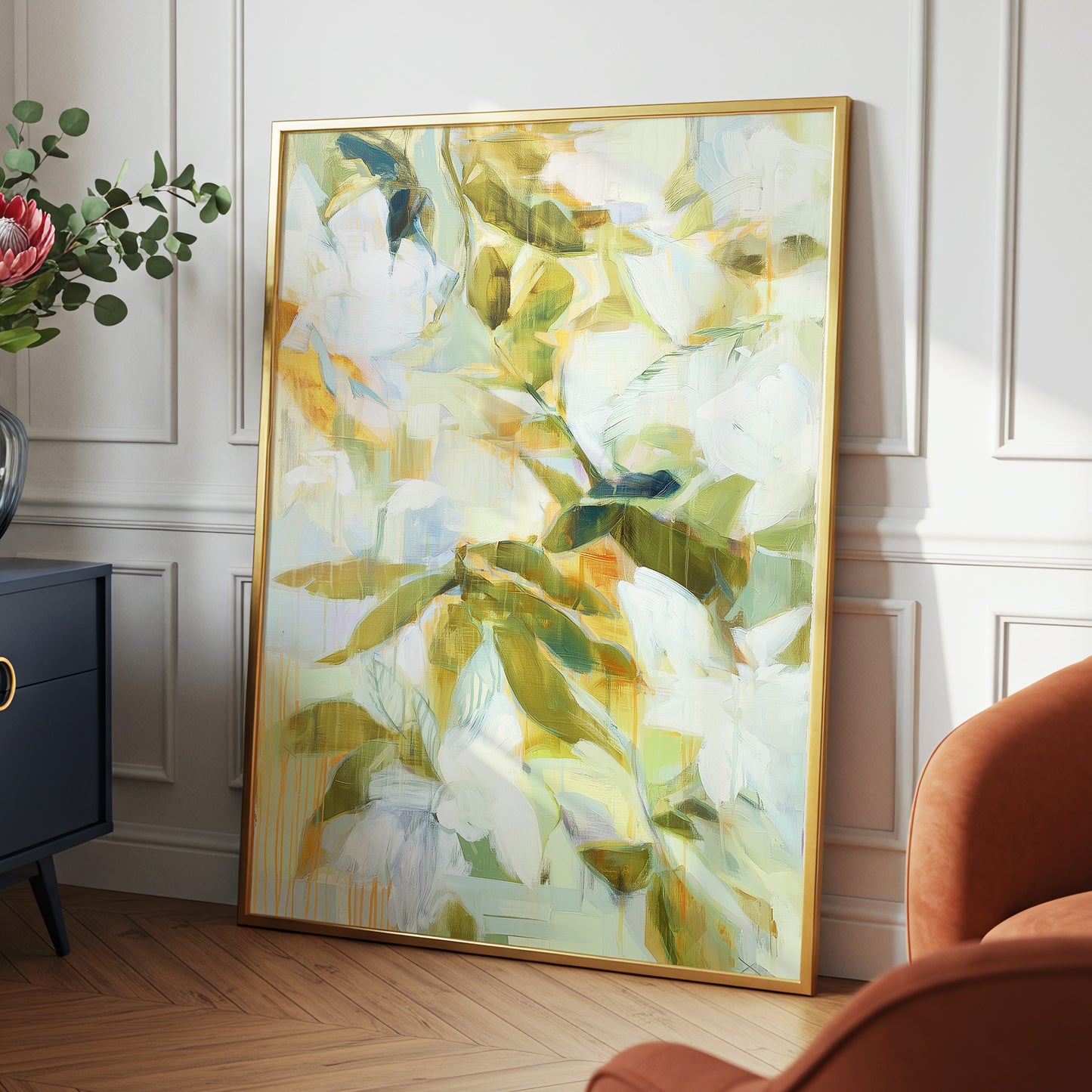 Quiet Garden Reverie, green, white, beige floral wall art displayed in a styled interior, gallery view 2