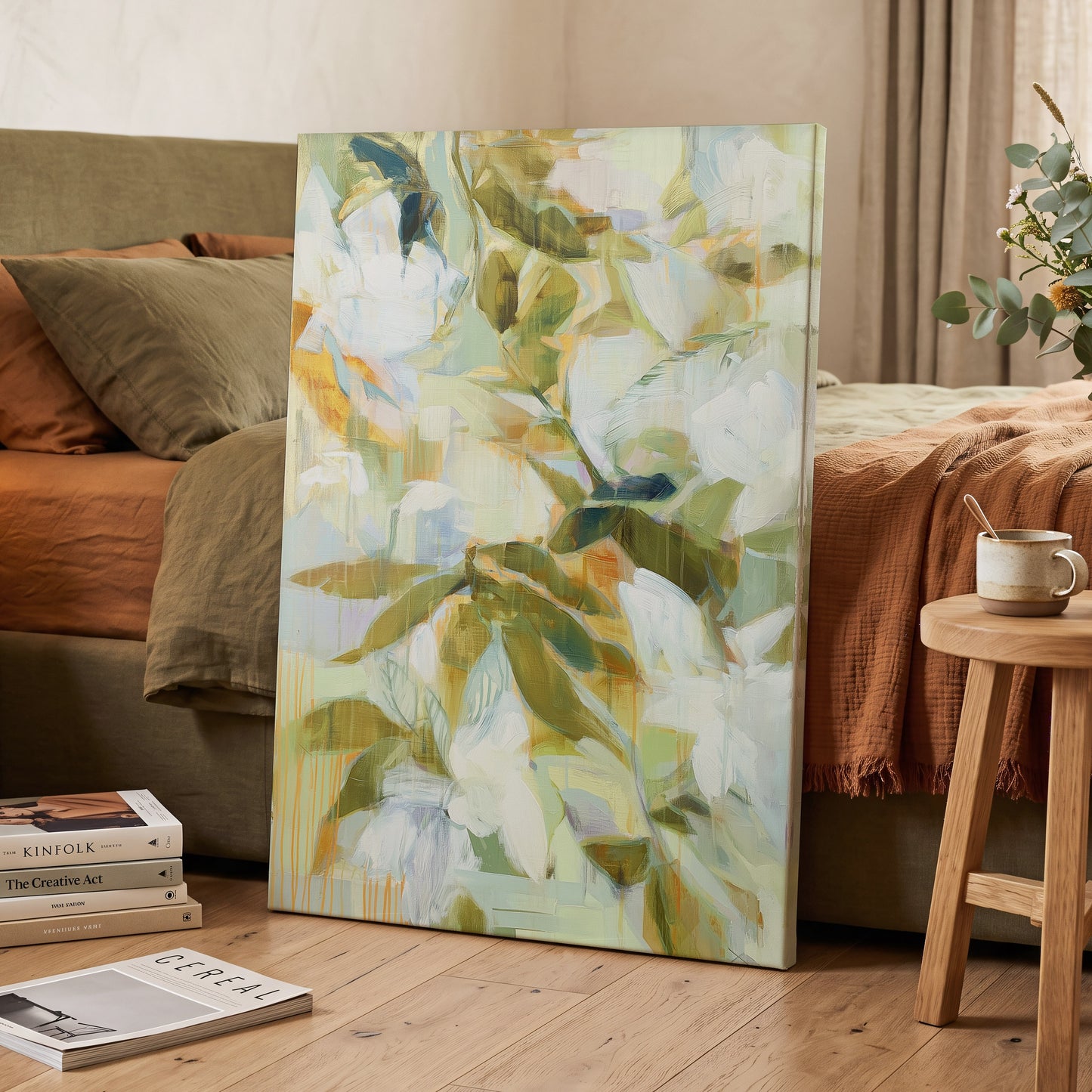 Quiet Garden Reverie, green, white, beige floral wall art displayed in a styled interior, gallery view 3