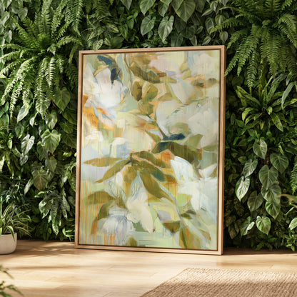 Quiet Garden Reverie, green, white, beige floral wall art displayed in a styled interior, gallery view 4