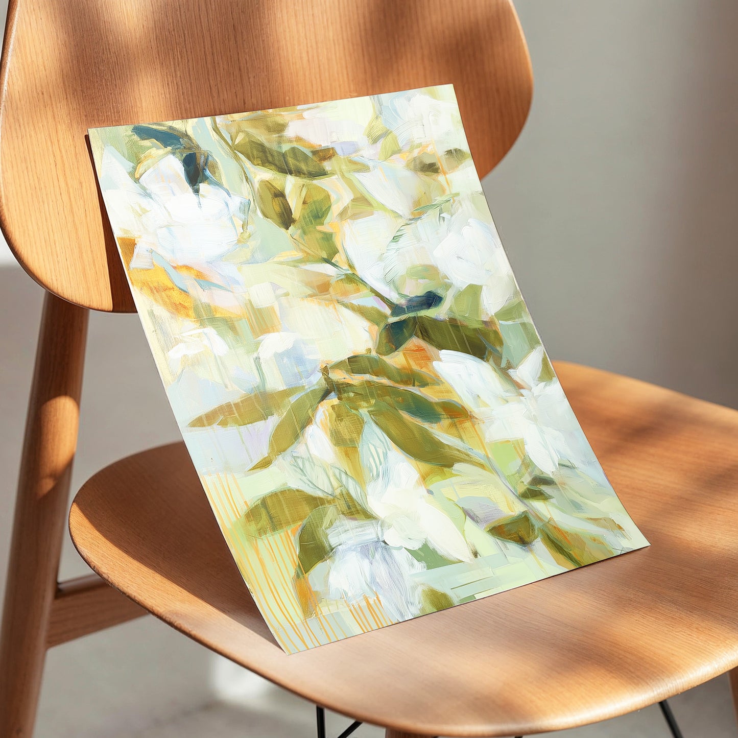 Quiet Garden Reverie, green, white, beige floral wall art displayed in a styled interior, gallery view 5