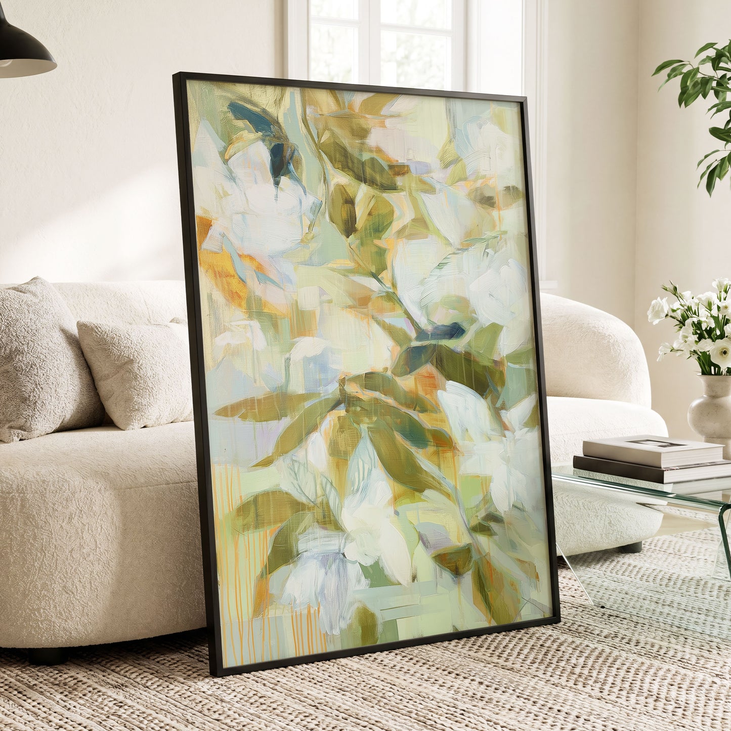 Quiet Garden Reverie, green, white, beige floral wall art displayed in a styled interior, gallery view 6