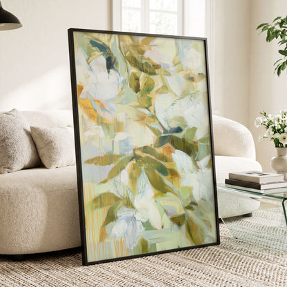 Quiet Garden Reverie, green, white, beige floral wall art displayed in a styled interior, gallery view 6