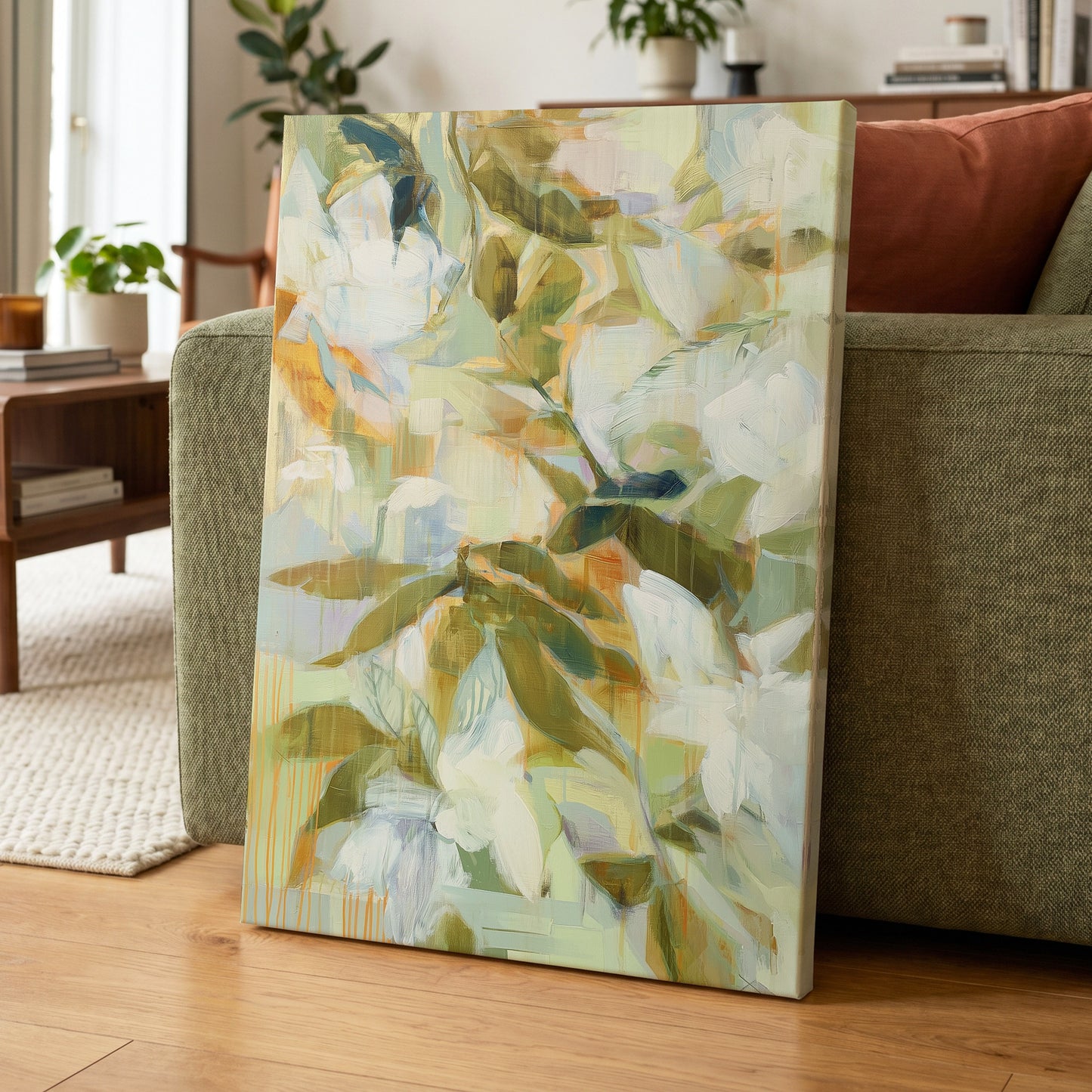 Quiet Garden Reverie, green, white, beige floral wall art displayed in a styled interior, gallery view 7
