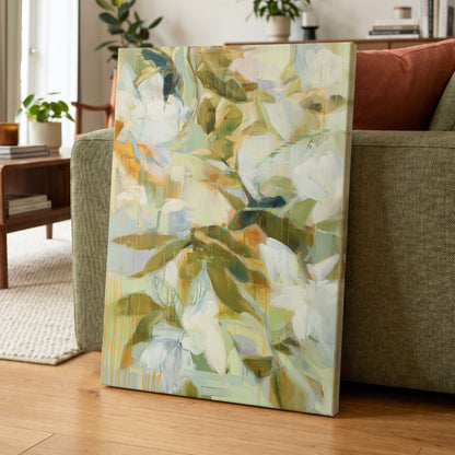 Quiet Garden Reverie, green, white, beige floral wall art displayed in a styled interior, gallery view 7