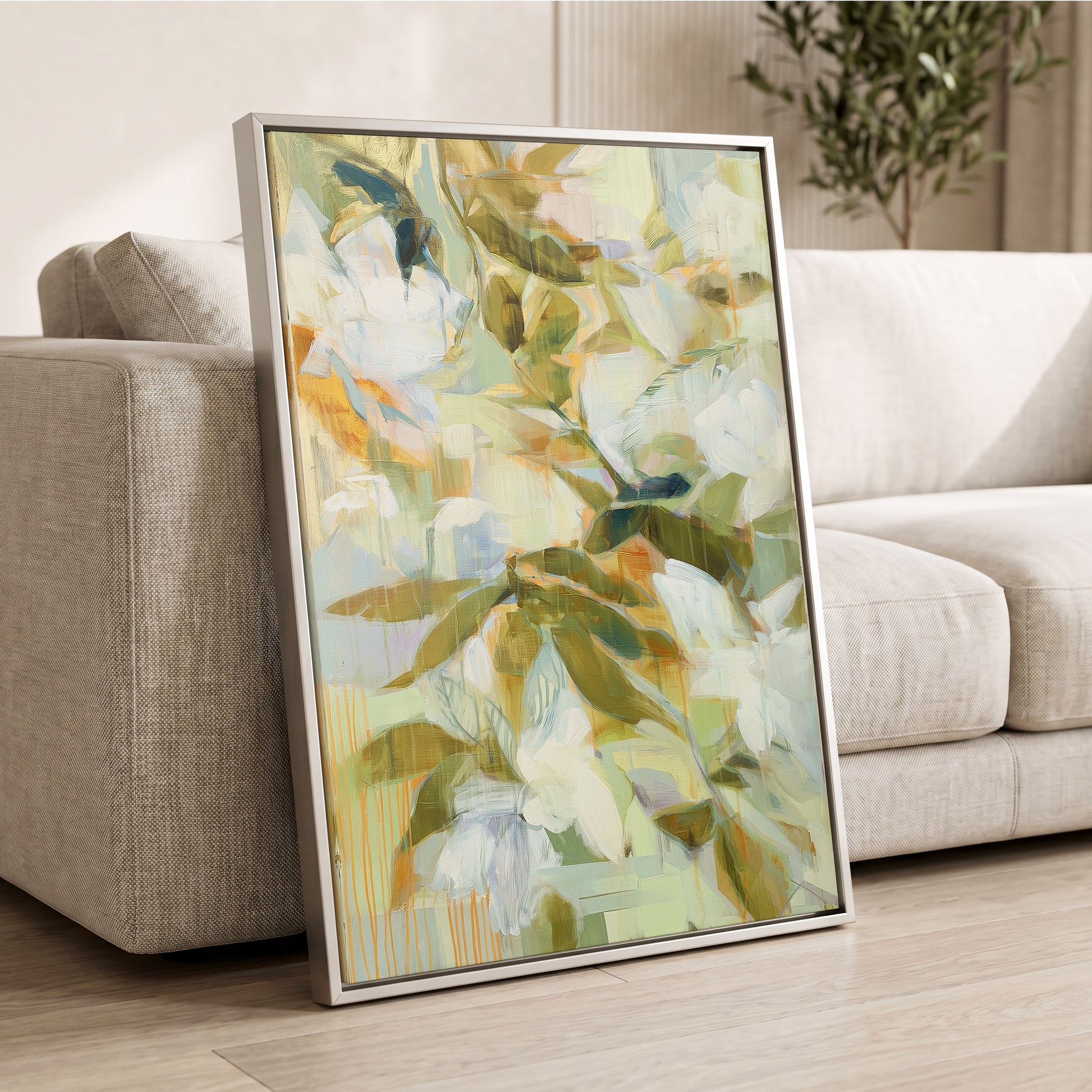 Quiet Garden Reverie, green, white, beige floral wall art displayed in a styled interior, gallery view 8