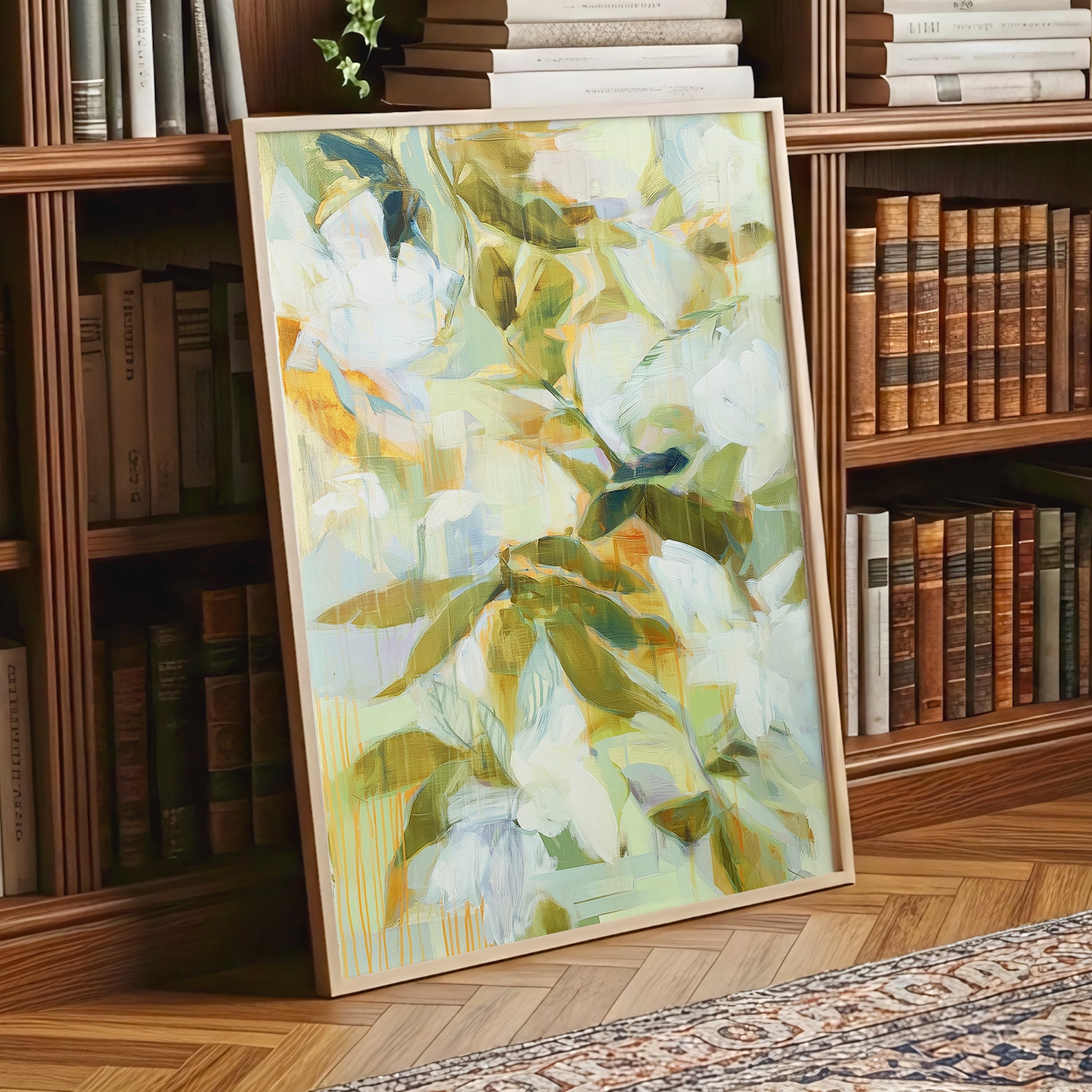 Quiet Garden Reverie, green, white, beige floral wall art displayed in a styled interior, gallery view 9