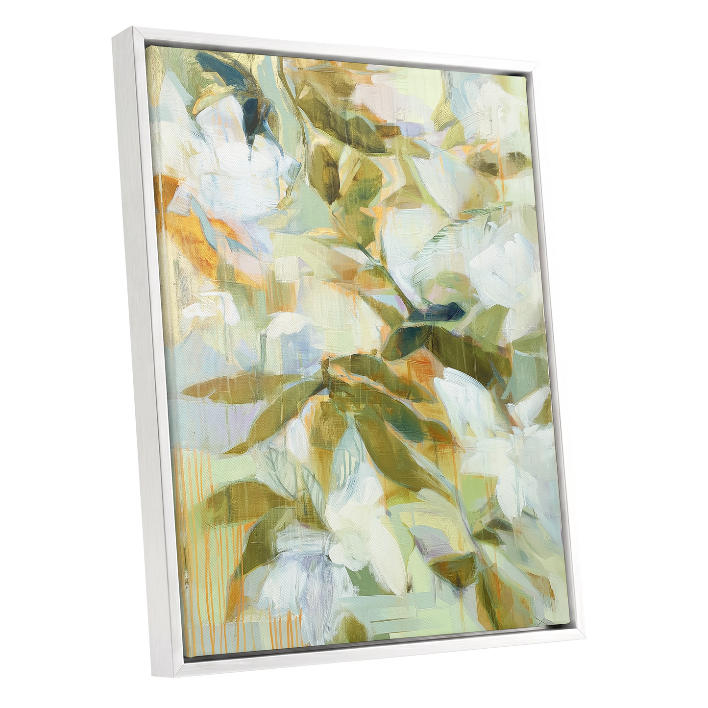 Quiet Garden Reverie, green, white, beige floral wall art shown as a white framed canvas wall art