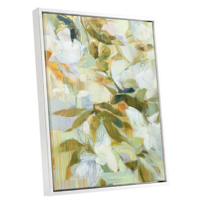 Quiet Garden Reverie, green, white, beige floral wall art shown as a white framed canvas wall art