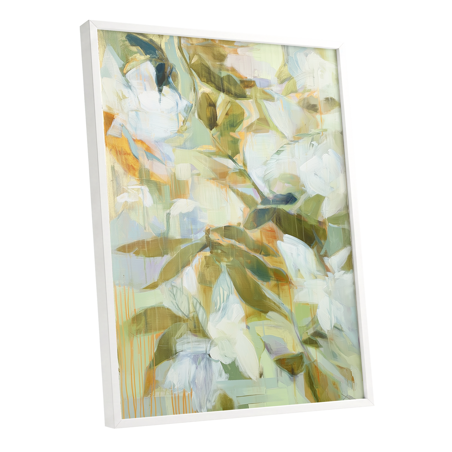 Quiet Garden Reverie, green, white, beige floral wall art shown as a white framed poster wall art print