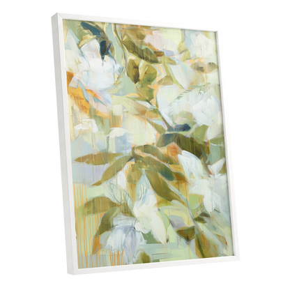Quiet Garden Reverie, green, white, beige floral wall art shown as a white framed poster wall art print