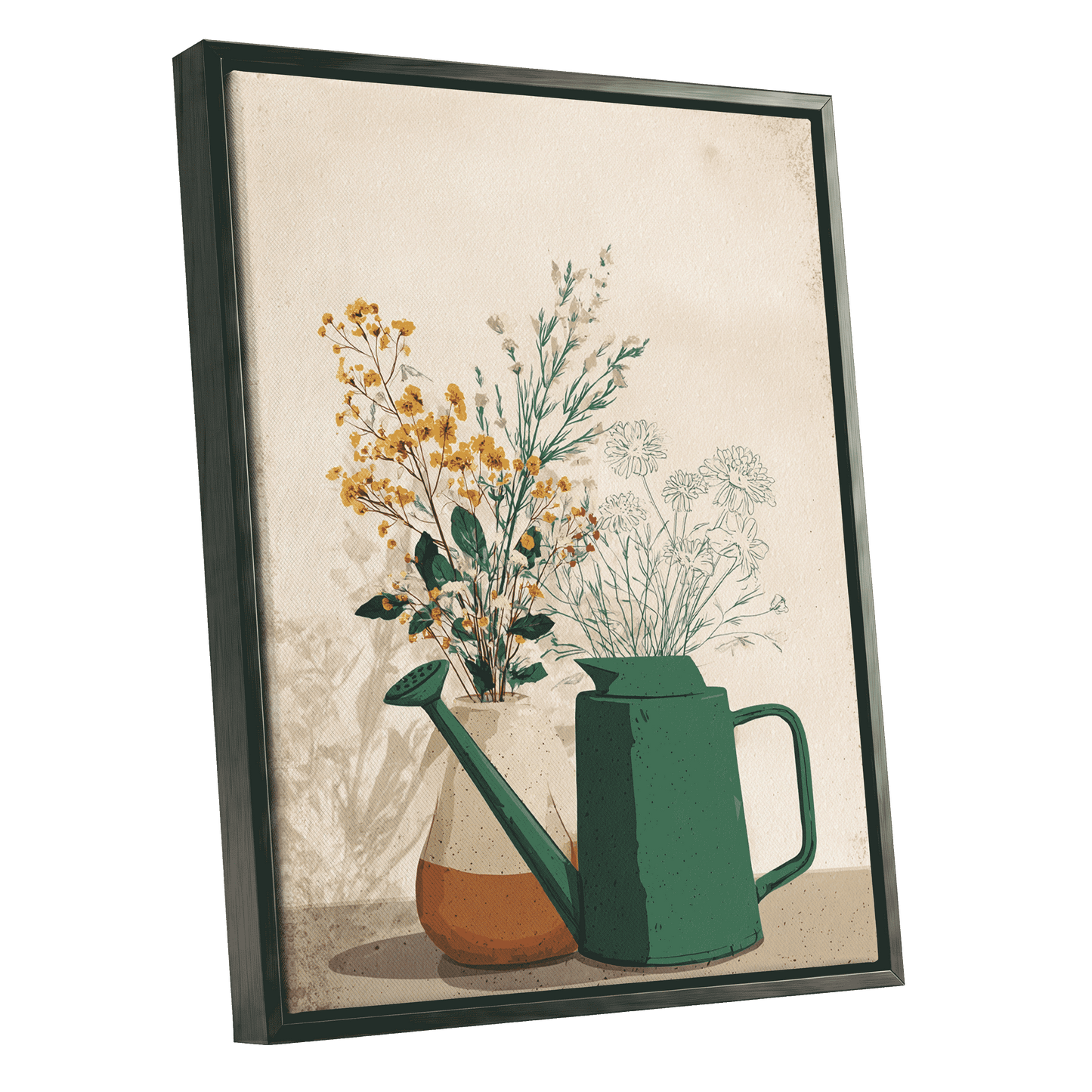 Quiet Garden Still Life, green, beige, gold floral wall art shown as a black framed canvas wall art