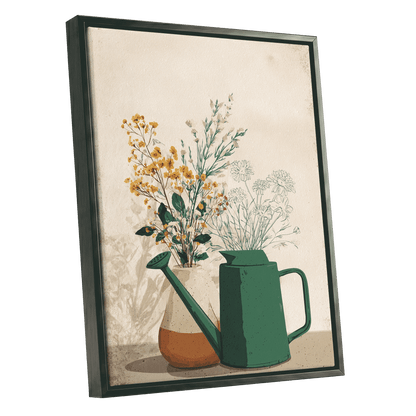 Quiet Garden Still Life, green, beige, gold floral wall art shown as a black framed canvas wall art