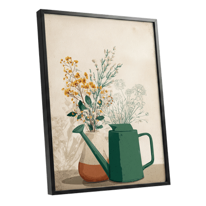 Quiet Garden Still Life, green, beige, gold floral wall art shown as a black framed poster wall art print