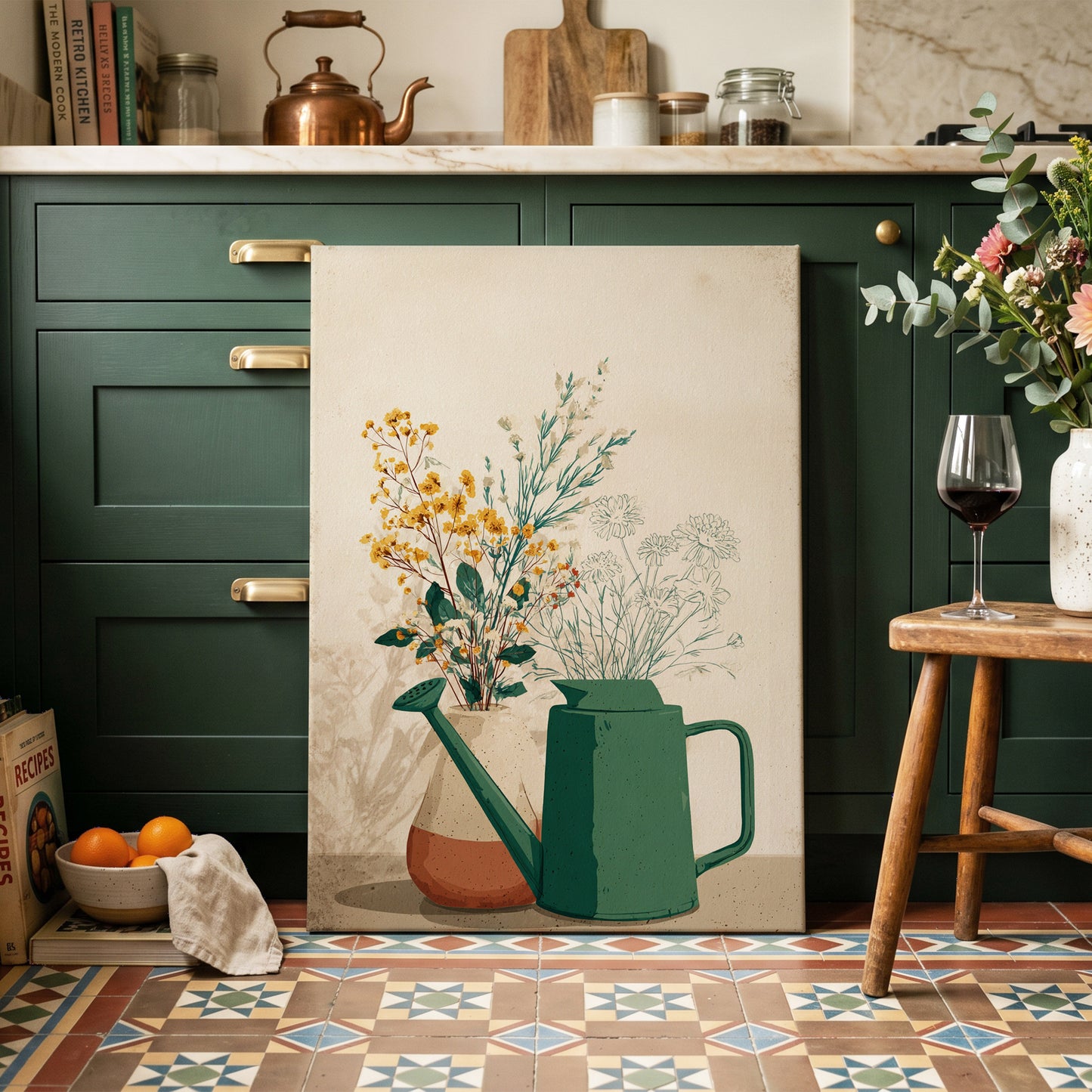 Quiet Garden Still Life, green, beige, gold floral wall art on canvas displayed in a styled interior, gallery view 1