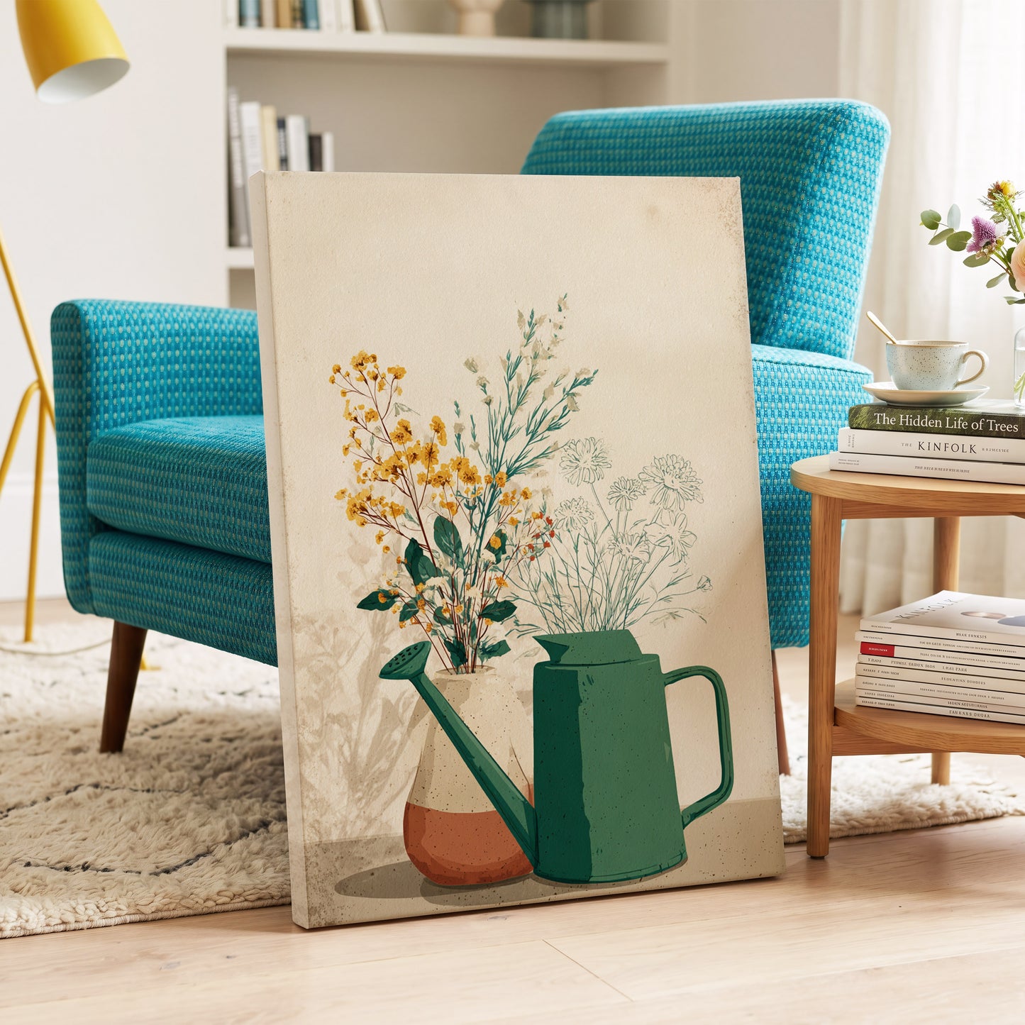 Quiet Garden Still Life, green, beige, gold floral wall art on canvas displayed in a styled interior, gallery view 2
