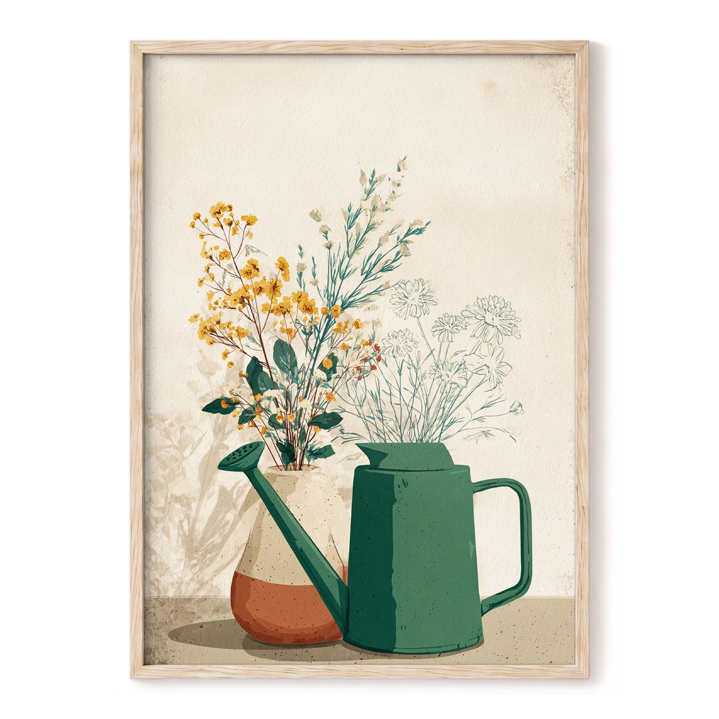 Quiet Garden Still Life, green, beige, gold floral wall art, front artwork view