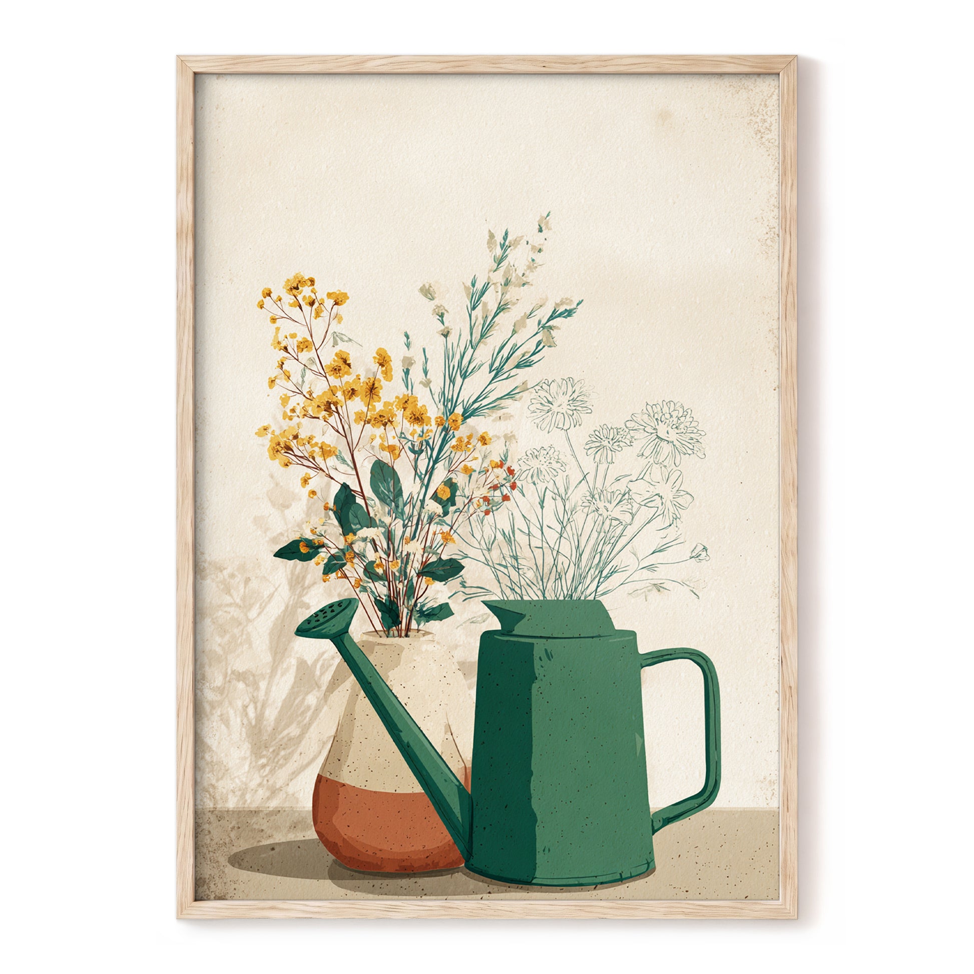 Quiet Garden Still Life, green, beige, gold floral wall art, front artwork view