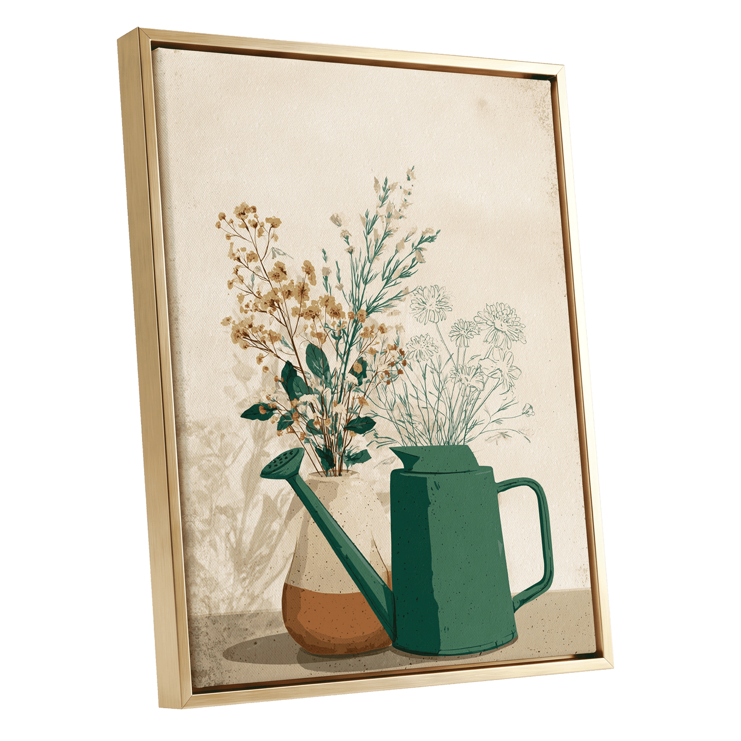 Quiet Garden Still Life, green, beige, gold floral wall art shown as a gold framed canvas wall art