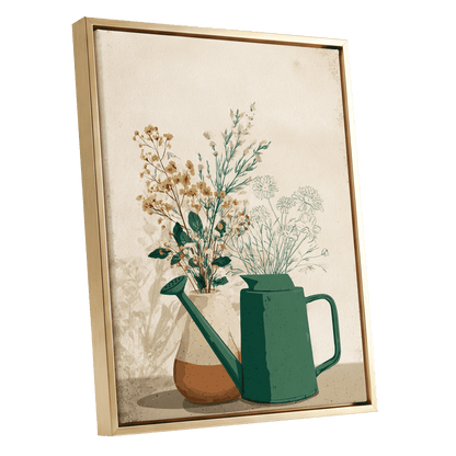Quiet Garden Still Life, green, beige, gold floral wall art shown as a gold framed canvas wall art