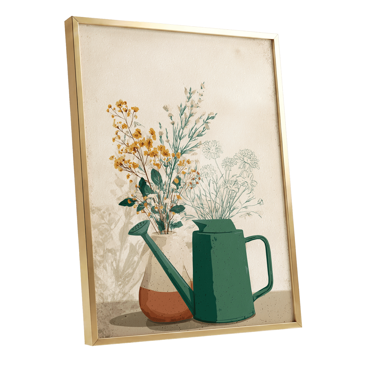 Quiet Garden Still Life, green, beige, gold floral wall art shown as a gold framed poster wall art print