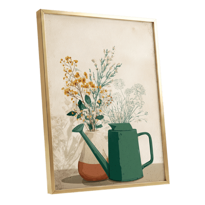Quiet Garden Still Life, green, beige, gold floral wall art shown as a gold framed poster wall art print