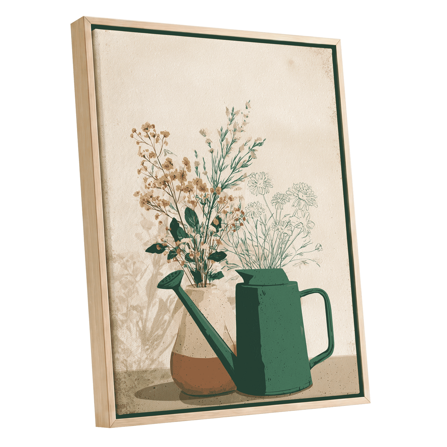 Quiet Garden Still Life, green, beige, gold floral wall art shown as a oak framed canvas wall art