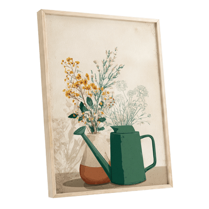 Quiet Garden Still Life, green, beige, gold floral wall art shown as a oak framed poster wall art print