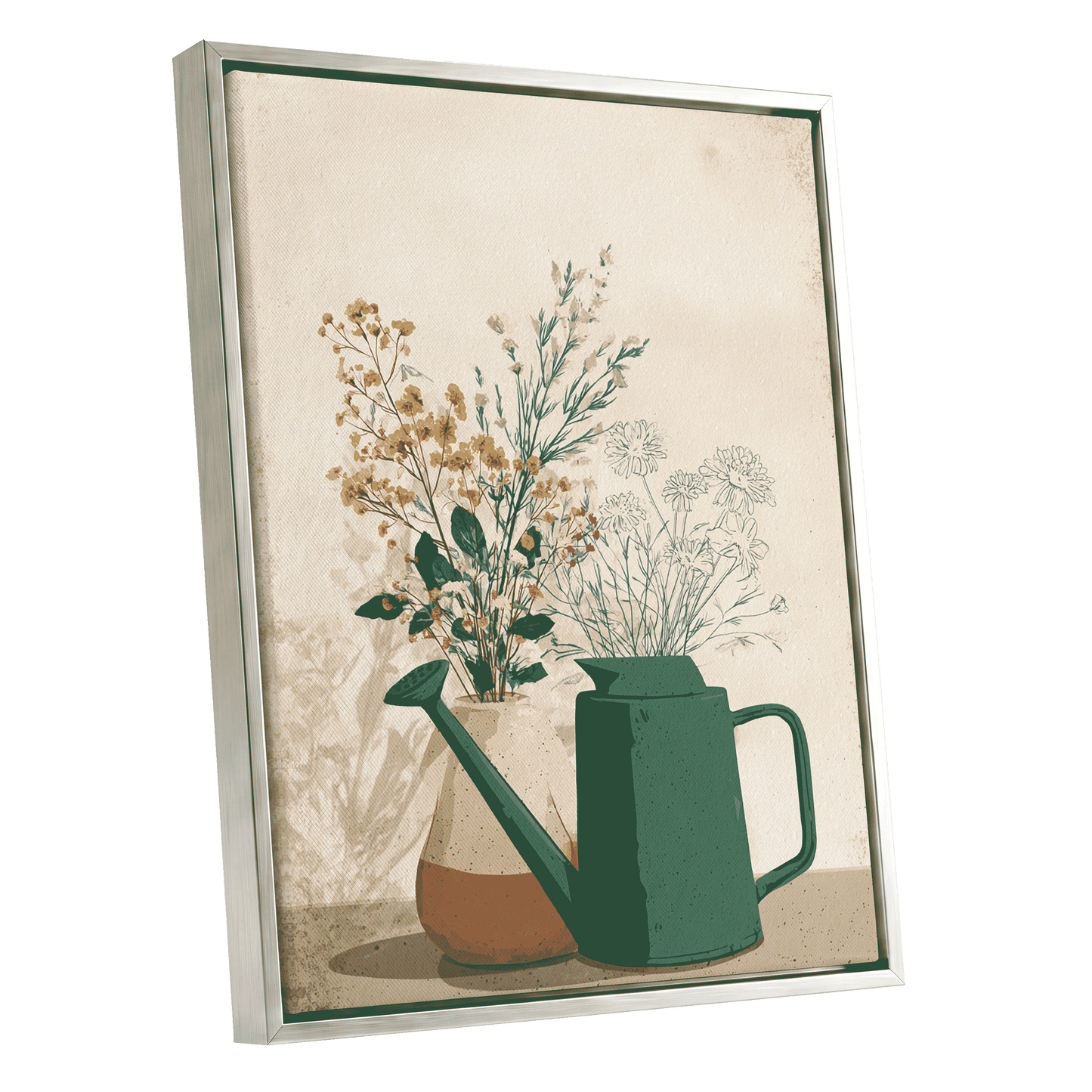 Quiet Garden Still Life, green, beige, gold floral wall art shown as a silver framed canvas wall art