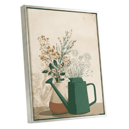 Quiet Garden Still Life, green, beige, gold floral wall art shown as a silver framed canvas wall art