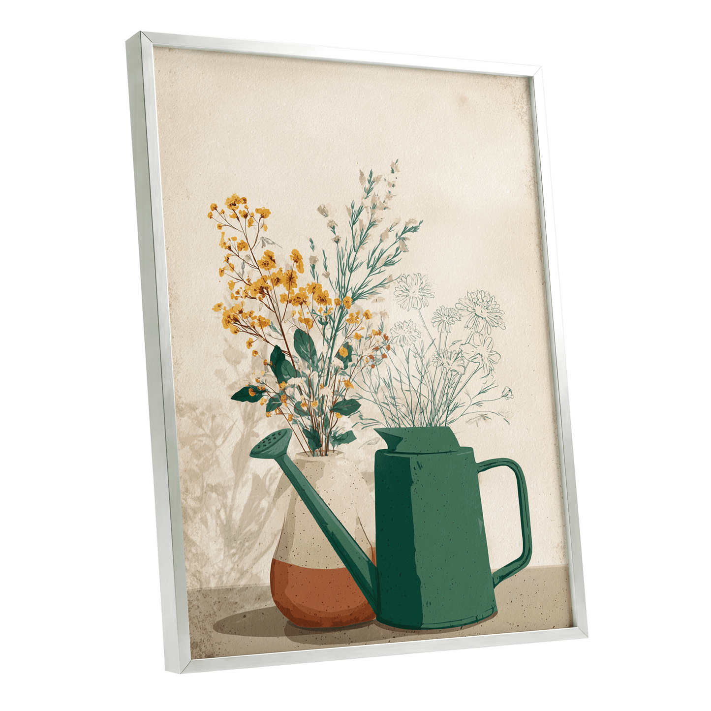 Quiet Garden Still Life, green, beige, gold floral wall art shown as a silver framed poster wall art print