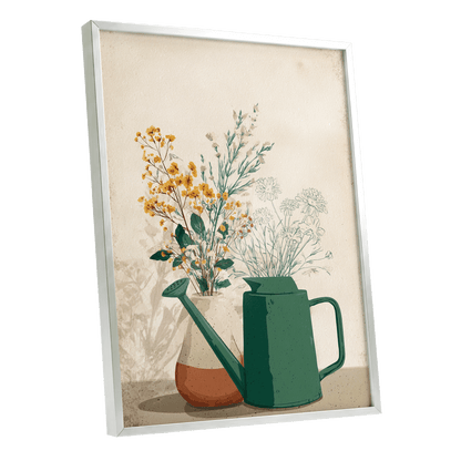 Quiet Garden Still Life, green, beige, gold floral wall art shown as a silver framed poster wall art print